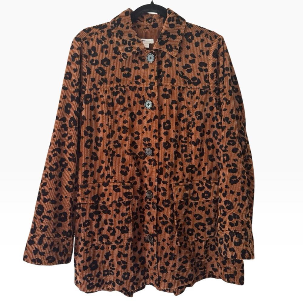 J. Jill Brown Leopard Print Corduroy Button Front Oversized Jacket Womens Small